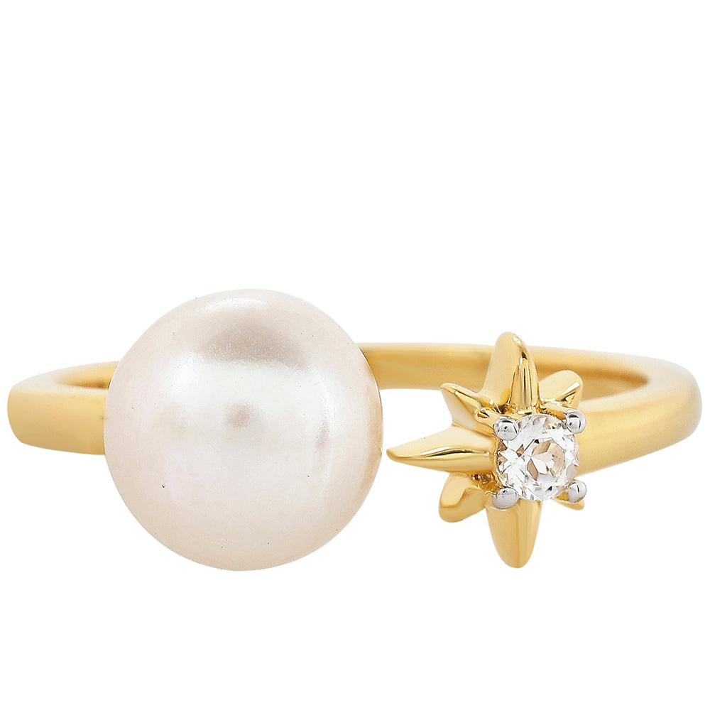 Arannyal Bevont Ezüst Gyűrű Barokk Édesvízi Tenyésztett Gyönggyel és Fehér Topázzal 1 