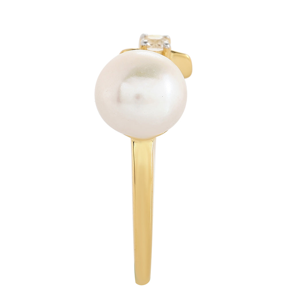 Arannyal Bevont Ezüst Gyűrű Barokk Édesvízi Tenyésztett Gyönggyel és Fehér Topázzal 4 