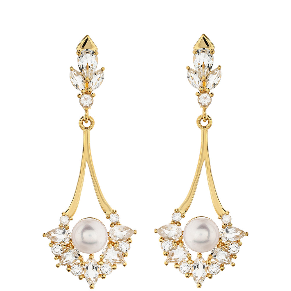 Arannyal Bevont Ezüst Fülbevaló Barokk Édesvízi Tenyésztett Gyönggyel és Fehér Topázzal