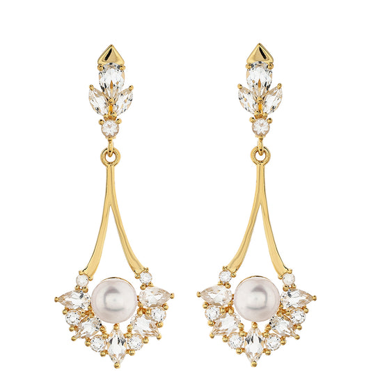 Arannyal Bevont Ezüst Fülbevaló Barokk Édesvízi Tenyésztett Gyönggyel és Fehér Topázzal