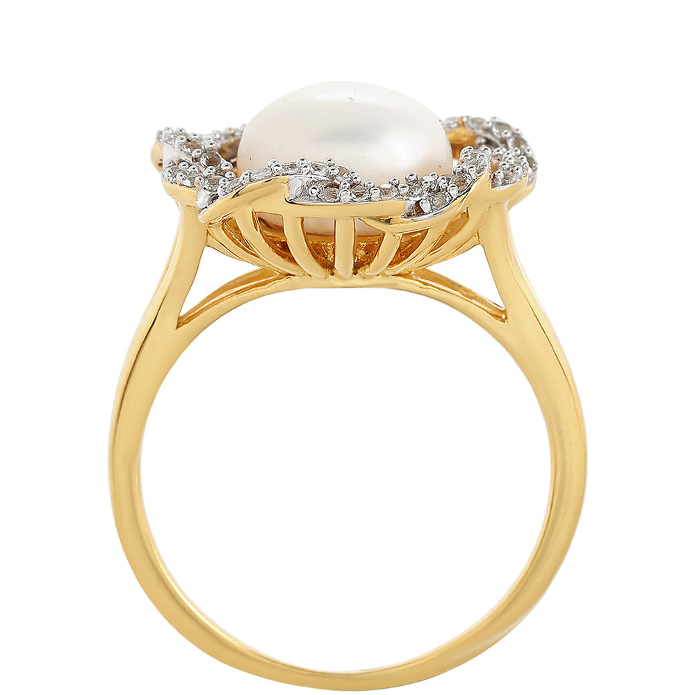 Arannyal Bevont Ezüst Gyűrű Barokk Édesvízi Tenyésztett Gyönggyel és Fehér Topázzal 3 