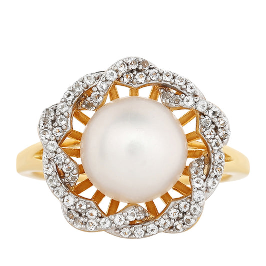 Arannyal Bevont Ezüst Gyűrű Barokk Édesvízi Tenyésztett Gyönggyel és Fehér Topázzal