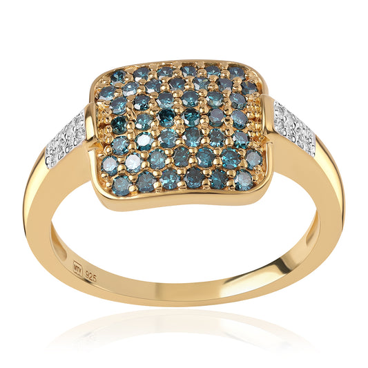 Arannyal Bevont Ezüst Gyűrű Kék Gyémánttal és Fehér Gyémánttal