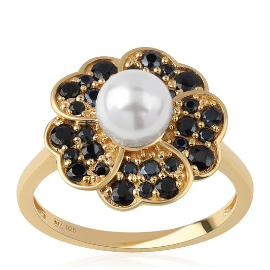 Arannyal Bevont Ezüst Gyűrű Fekete Spinellel és Fehér Édesvízi Kagylógyönggyel