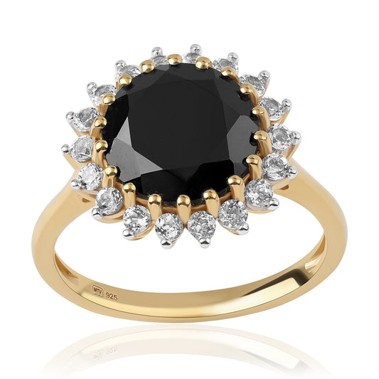 Arannyal Bevont Ezüst Gyűrű Fekete Spinellel és Fehér Topázzal