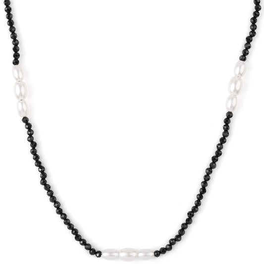 Arannyal Bevont Ezüst Nyaklánc Fekete Spinellel és Fehér Édesvízi Kagylógyönggyel