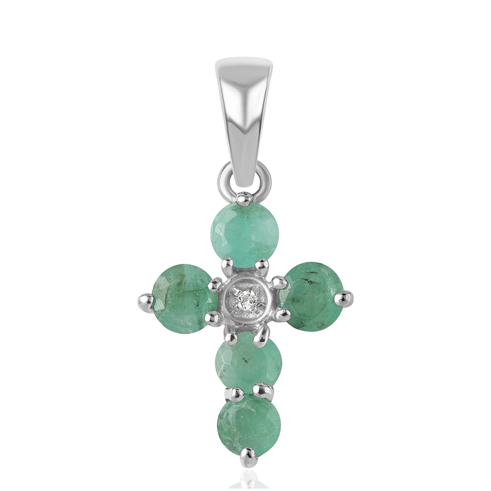 Kereszt Ezüst Medál Brazil Smaragddal és Fehér Topázzal
