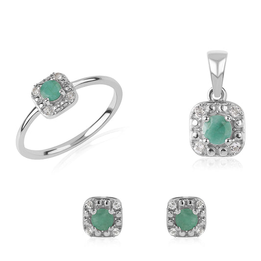 Ezüst Szett Brazil Smaragddal és Fehér Topázzal ( Fülbevaló+Gyűrű+Medál )