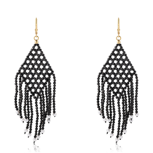 Arannyal Bevont Ezüst Fülbevaló Fekete Spinellel és Fehér Édesvízi Kagylógyönggyel