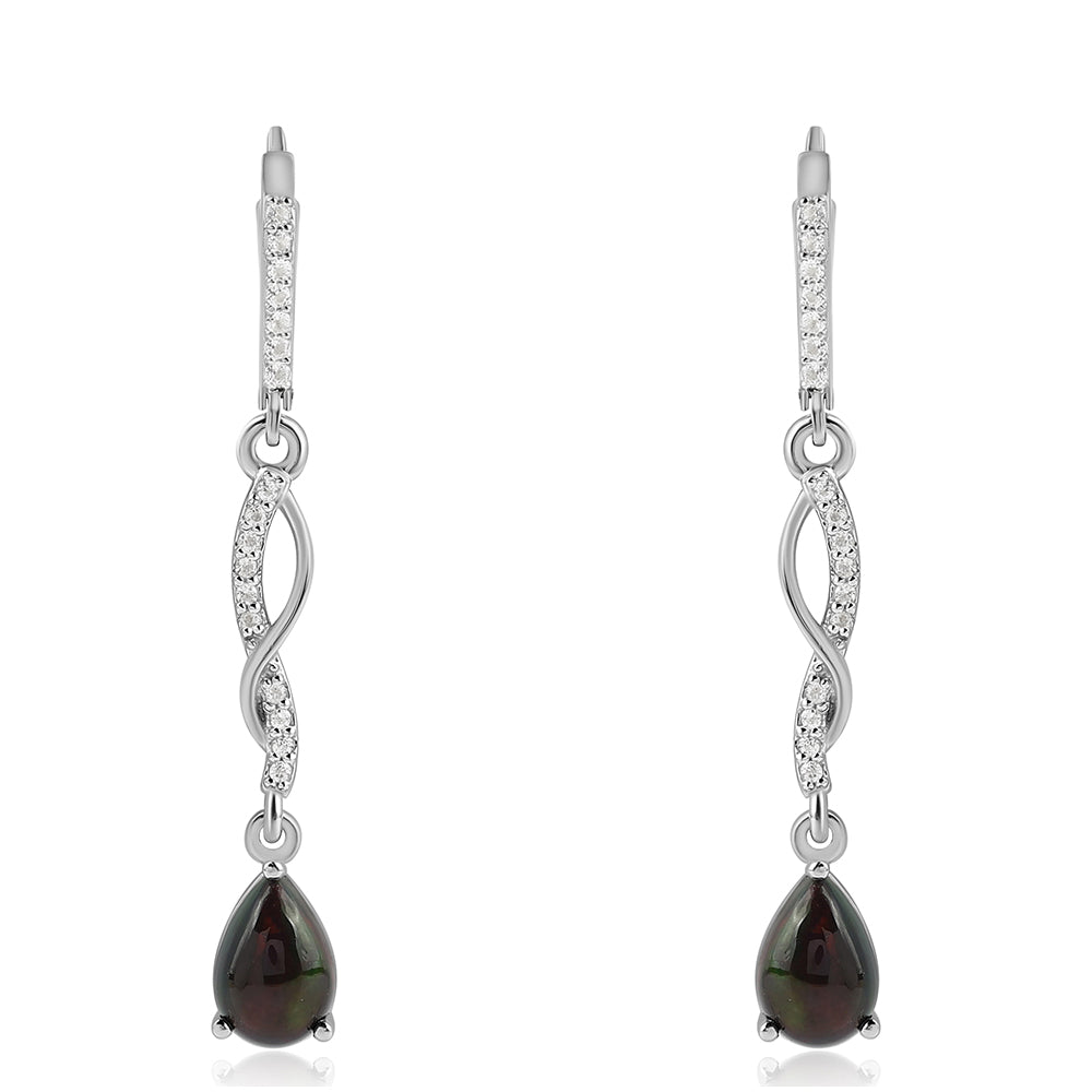 Ezüst Fülbevaló Lega Dembi Éjfekete Etiópiai Opállal és Fehér Topázzal