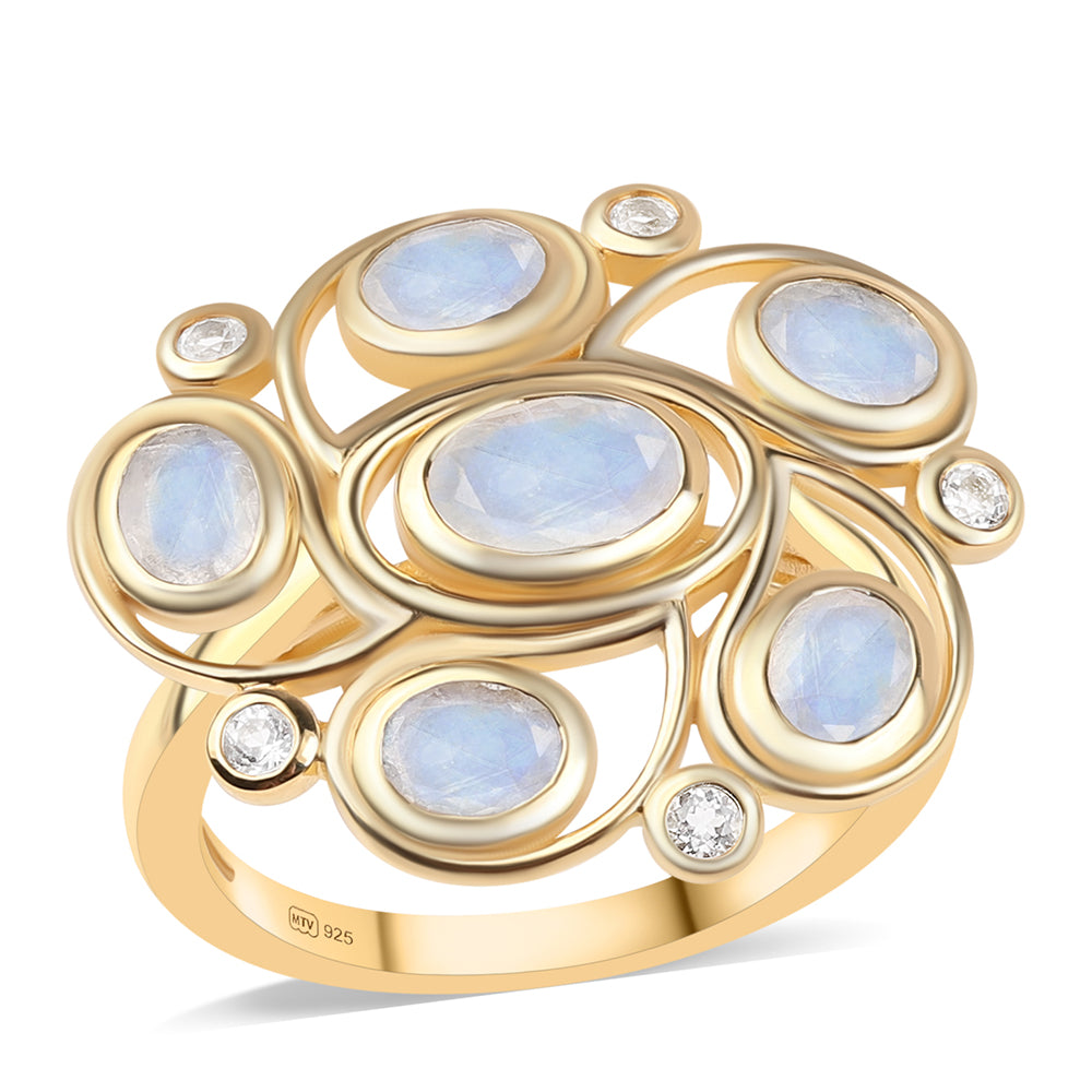 Arannyal Bevont Ezüst Gyűrű "AA" Osztályú Szivárvány Holdkővel és Fehér Topázzal