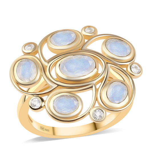 Arannyal Bevont Ezüst Gyűrű "AA" Osztályú Szivárvány Holdkővel és Fehér Topázzal