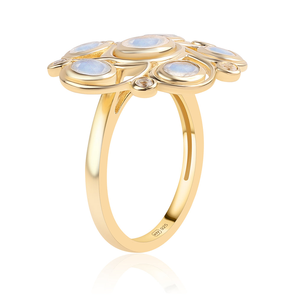 Arannyal Bevont Ezüst Gyűrű "AA" Osztályú Szivárvány Holdkővel és Fehér Topázzal 2 