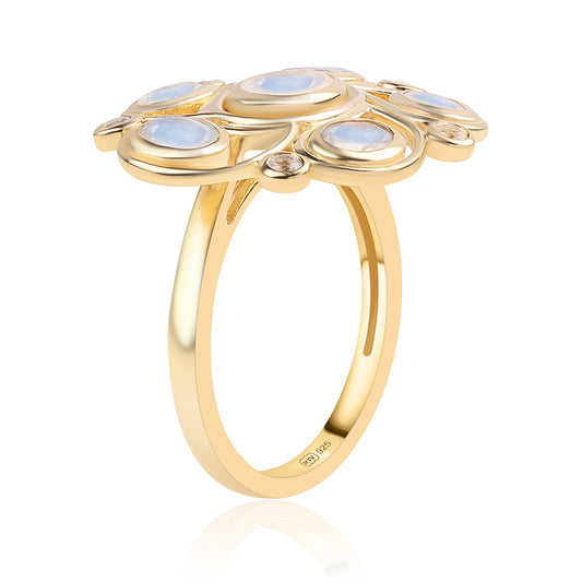 Arannyal Bevont Ezüst Gyűrű "AA" Osztályú Szivárvány Holdkővel és Fehér Topázzal