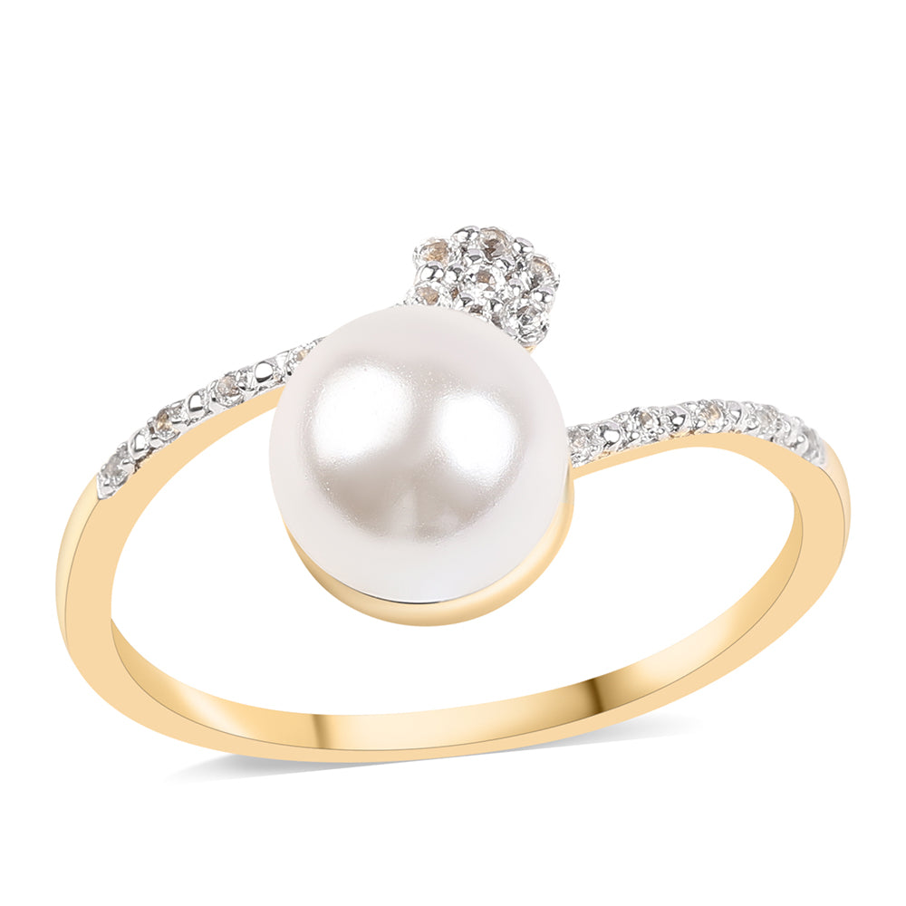 Arannyal Bevont Ezüst Gyűrű Fehér Édesvízi Kagylógyönggyel és Fehér Topázzal 1 