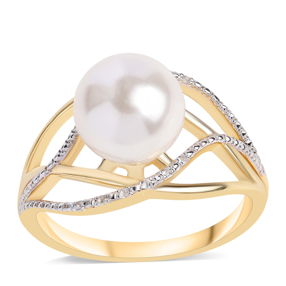 Arannyal Bevont Ezüst Gyűrű Fehér Édesvízi Kagylógyönggyel és Fehér Topázzal 1 