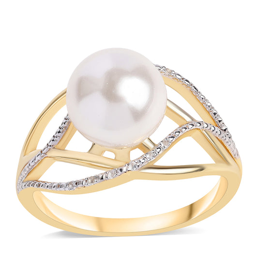 Arannyal Bevont Ezüst Gyűrű Fehér Édesvízi Kagylógyönggyel és Fehér Topázzal