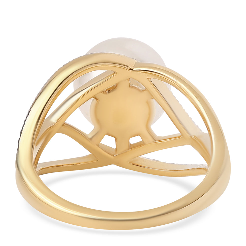 Arannyal Bevont Ezüst Gyűrű Fehér Édesvízi Kagylógyönggyel és Fehér Topázzal