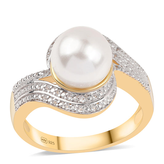 Arannyal Bevont Ezüst Gyűrű Fehér Édesvízi Kagylógyönggyel és Fehér Topázzal