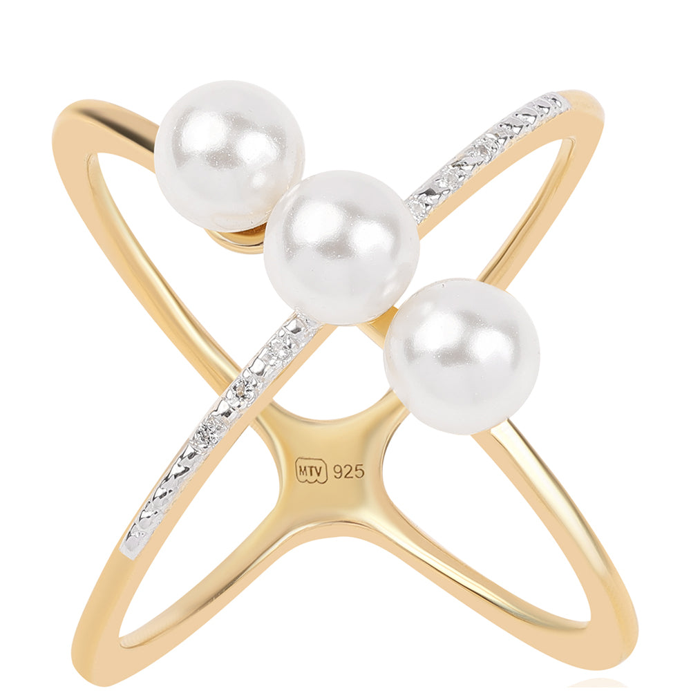 Arannyal Bevont Ezüst Gyűrű Fehér Édesvízi Kagylógyönggyel és Fehér Topázzal 1 