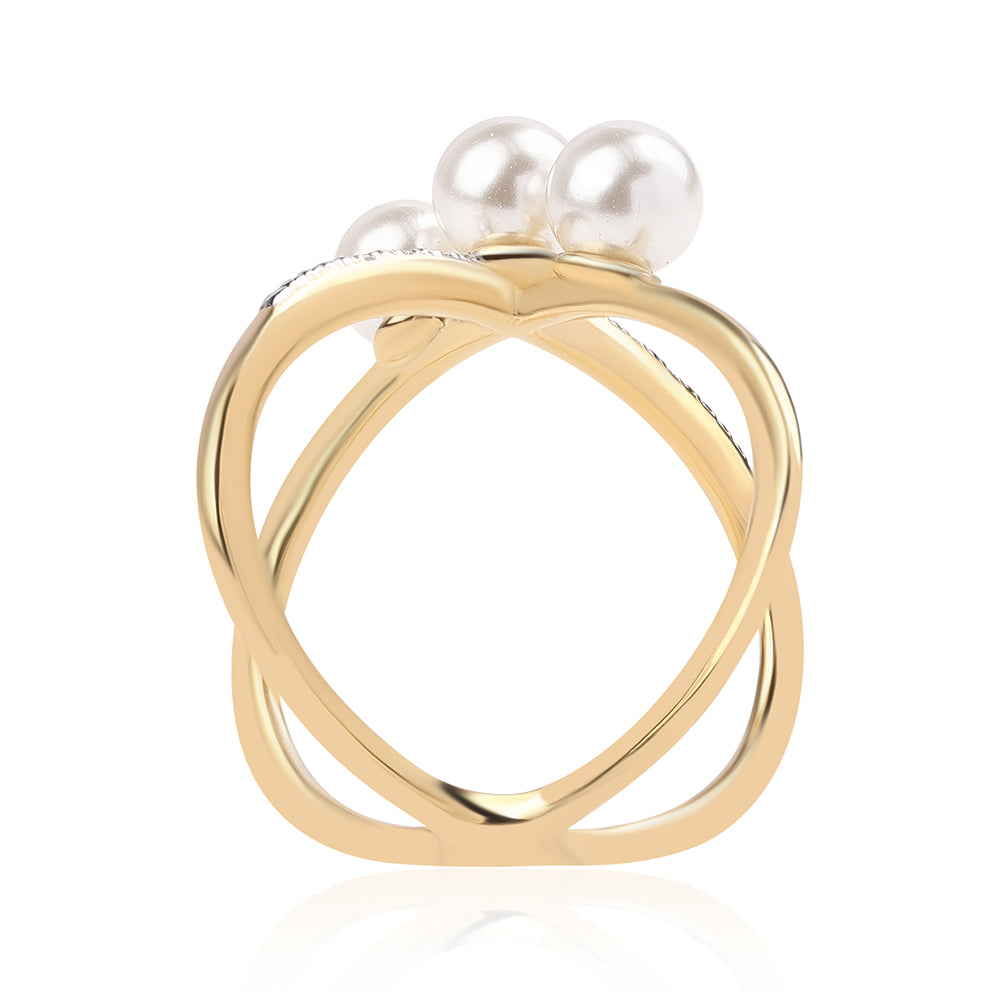 Arannyal Bevont Ezüst Gyűrű Fehér Édesvízi Kagylógyönggyel és Fehér Topázzal