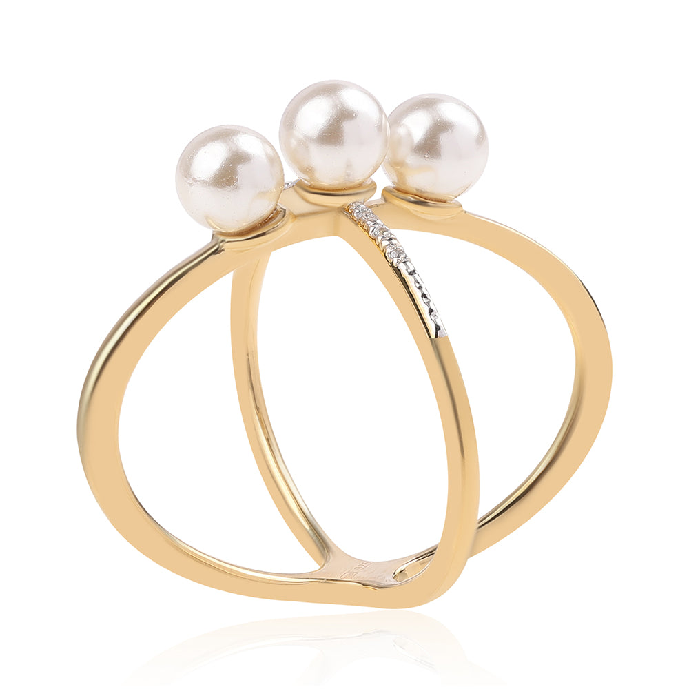 Arannyal Bevont Ezüst Gyűrű Fehér Édesvízi Kagylógyönggyel és Fehér Topázzal 3 