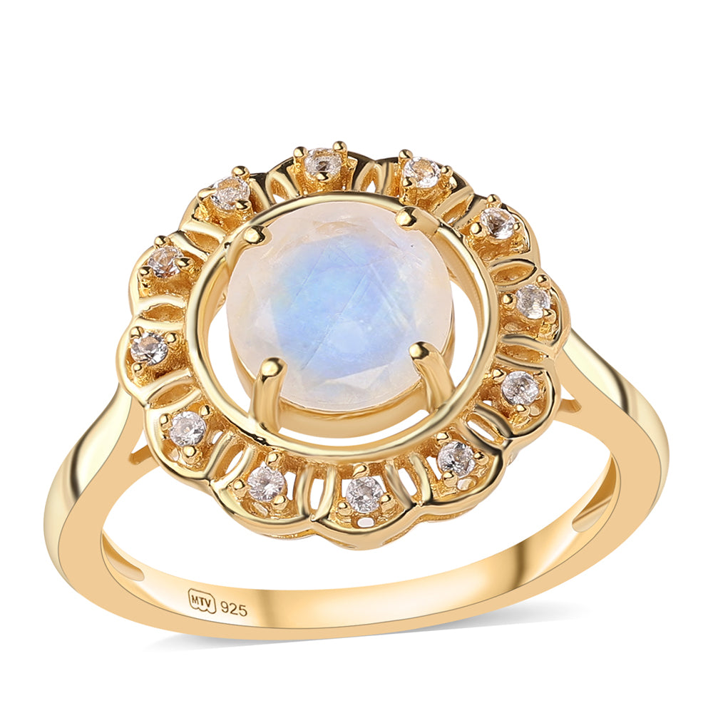 Arannyal Bevont Ezüst Gyűrű "AA" Osztályú Szivárvány Holdkővel és Fehér Topázzal