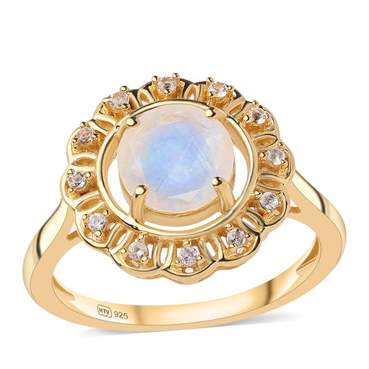 Arannyal Bevont Ezüst Gyűrű "AA" Osztályú Szivárvány Holdkővel és Fehér Topázzal