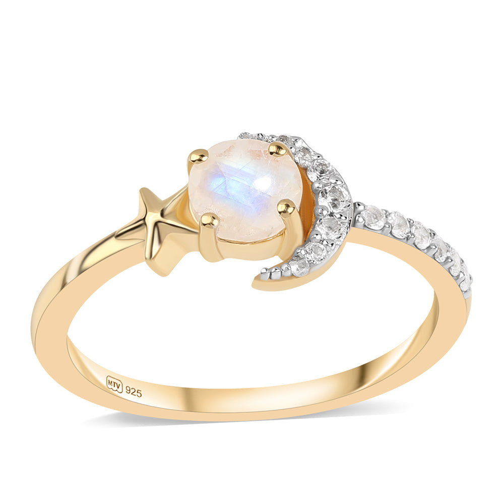 Arannyal Bevont Ezüst Gyűrű "AA" Osztályú Szivárvány Holdkővel és Fehér Topázzal 1 