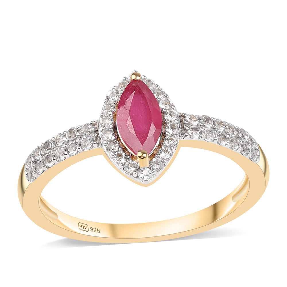 Arannyal Bevont Ezüst Gyűrű Mozambiquei Rubinnal és Fehér Topázzal