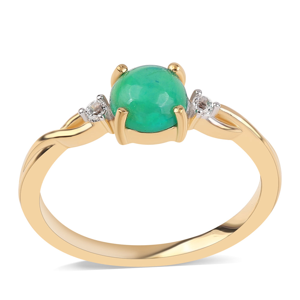 Arannyal Bevont Ezüst Gyűrű Lega Dembi Zöld Etiópiai Opállal és Fehér Topázzal