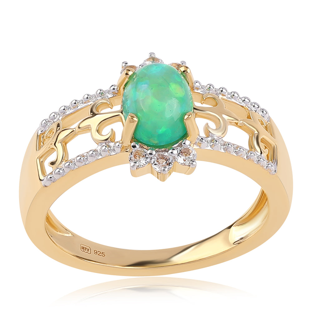 Arannyal Bevont Ezüst Gyűrű Lega Dembi Zöld Etiópiai Opállal és Fehér Topázzal