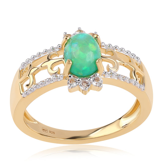 Arannyal Bevont Ezüst Gyűrű Lega Dembi Zöld Etiópiai Opállal és Fehér Topázzal