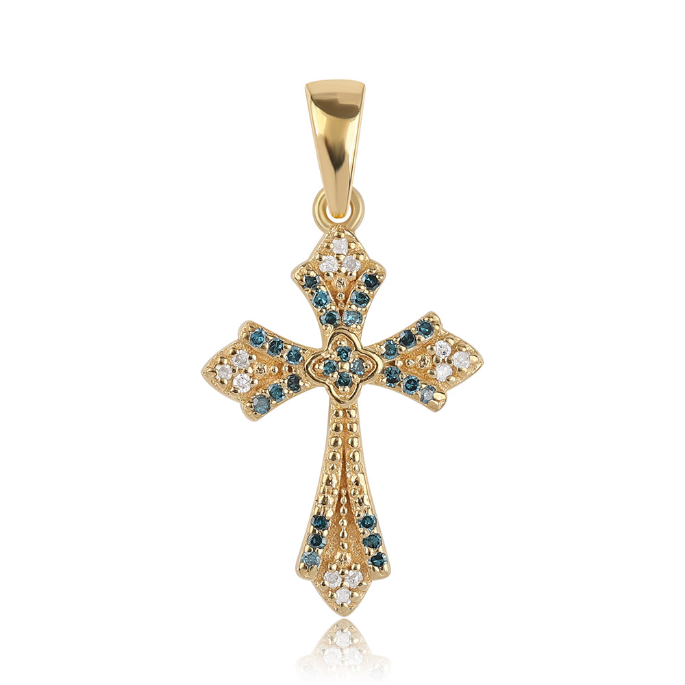 Kereszt Arannyal Bevont Ezüst Medál Kék Gyémánttal és Fehér Gyémánttal