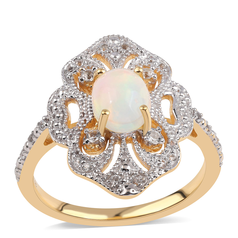 Arannyal Bevont Ezüst Gyűrű Etiópiai Opállal és Fehér Topázzal 1 