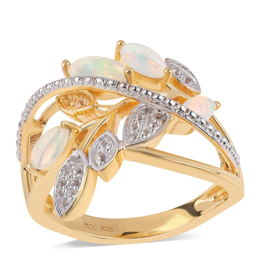 Arannyal Bevont Ezüst Gyűrű Etiópiai Opállal és Fehér Topázzal