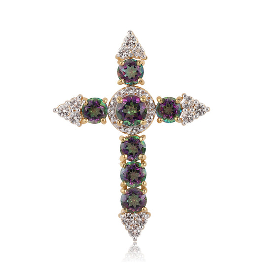 Kereszt Arannyal Bevont Ezüst Medál Misztikus Topázzal és Fehér Topázzal