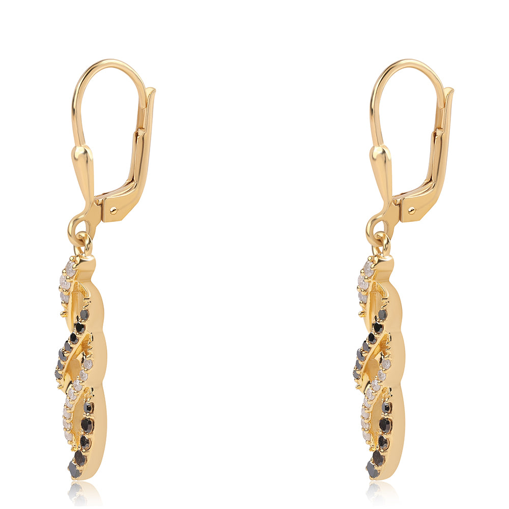 Arannyal Bevont Ezüst Fülbevaló Fekete Gyémánttal és Fehér Gyémánttal