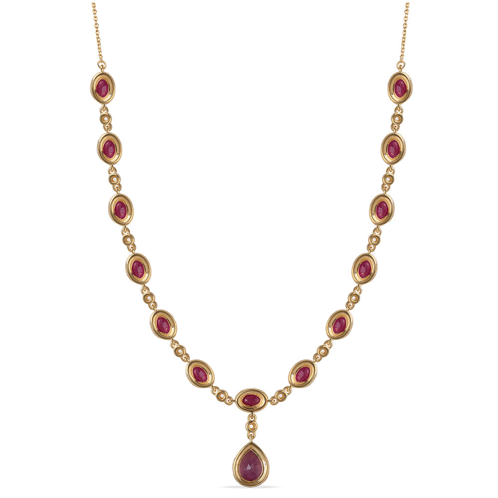 Arannyal Bevont Ezüst Nyaklánc Mozambiquei Rubinnal és Fehér Topázzal