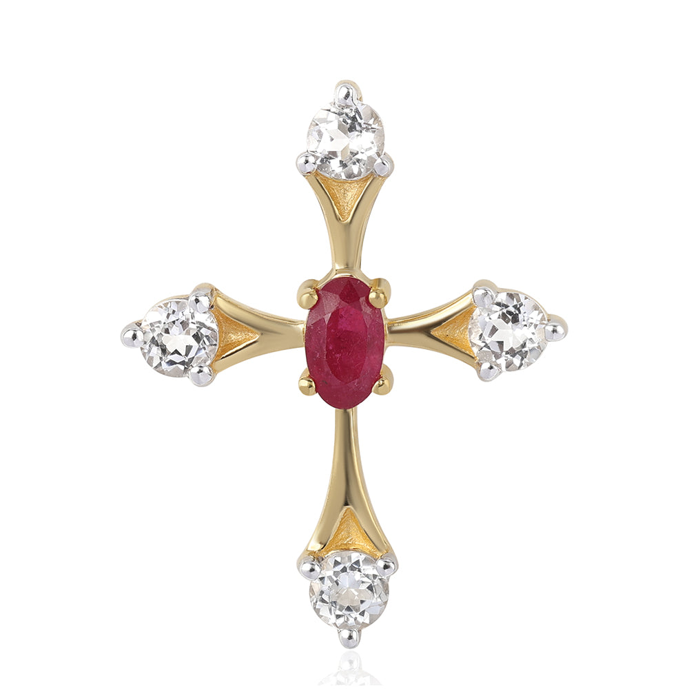 Kereszt Arannyal Bevont Ezüst Medál Mozambiquei Rubinnal és Fehér Topázzal 1 