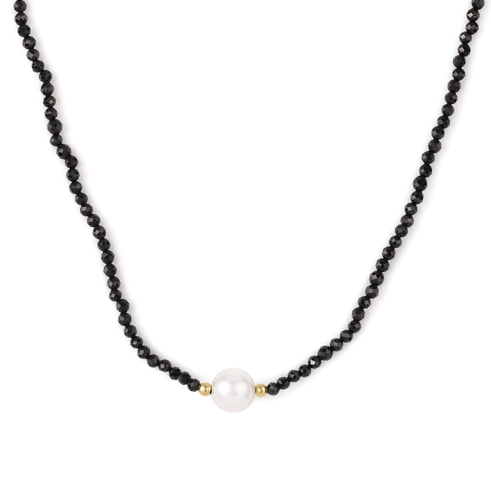 Arannyal Bevont Ezüst Nyaklánc Fekete Spinellel és Fehér Édesvízi Kagylógyönggyel 1 
