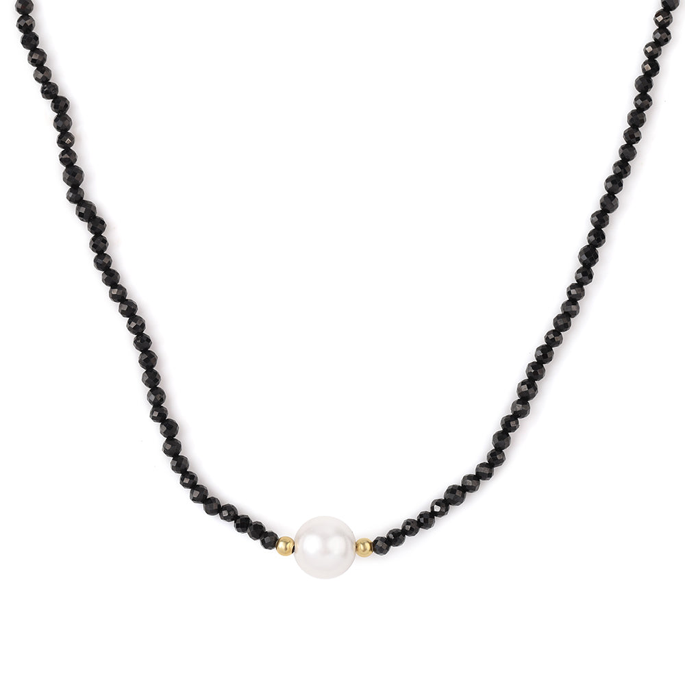 Arannyal Bevont Ezüst Nyaklánc Fekete Spinellel és Fehér Édesvízi Kagylógyönggyel 4 