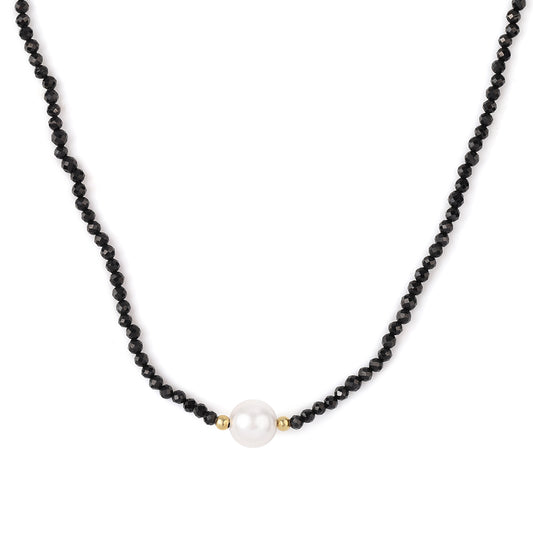 Arannyal Bevont Ezüst Nyaklánc Fekete Spinellel és Fehér Édesvízi Kagylógyönggyel