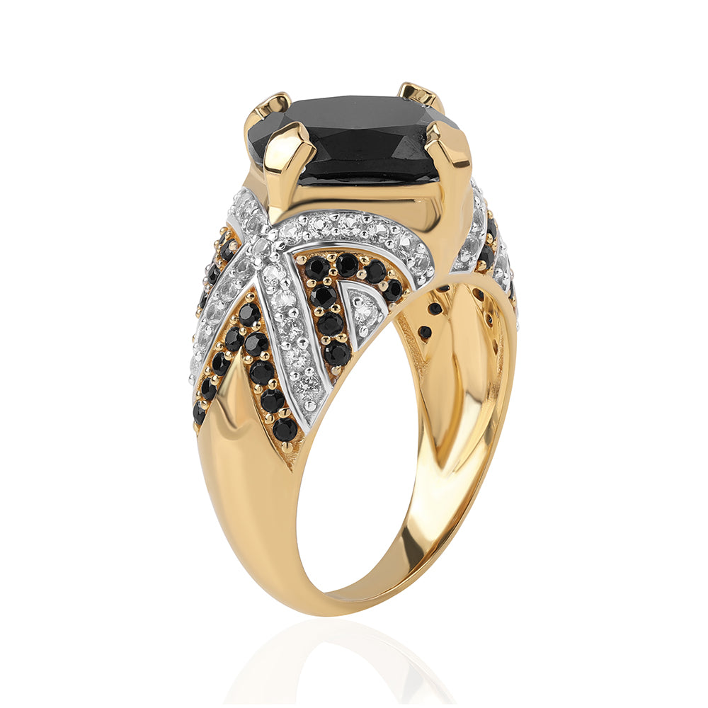 Arannyal Bevont Ezüst Gyűrű Fekete Spinellel és Fehér Topázzal