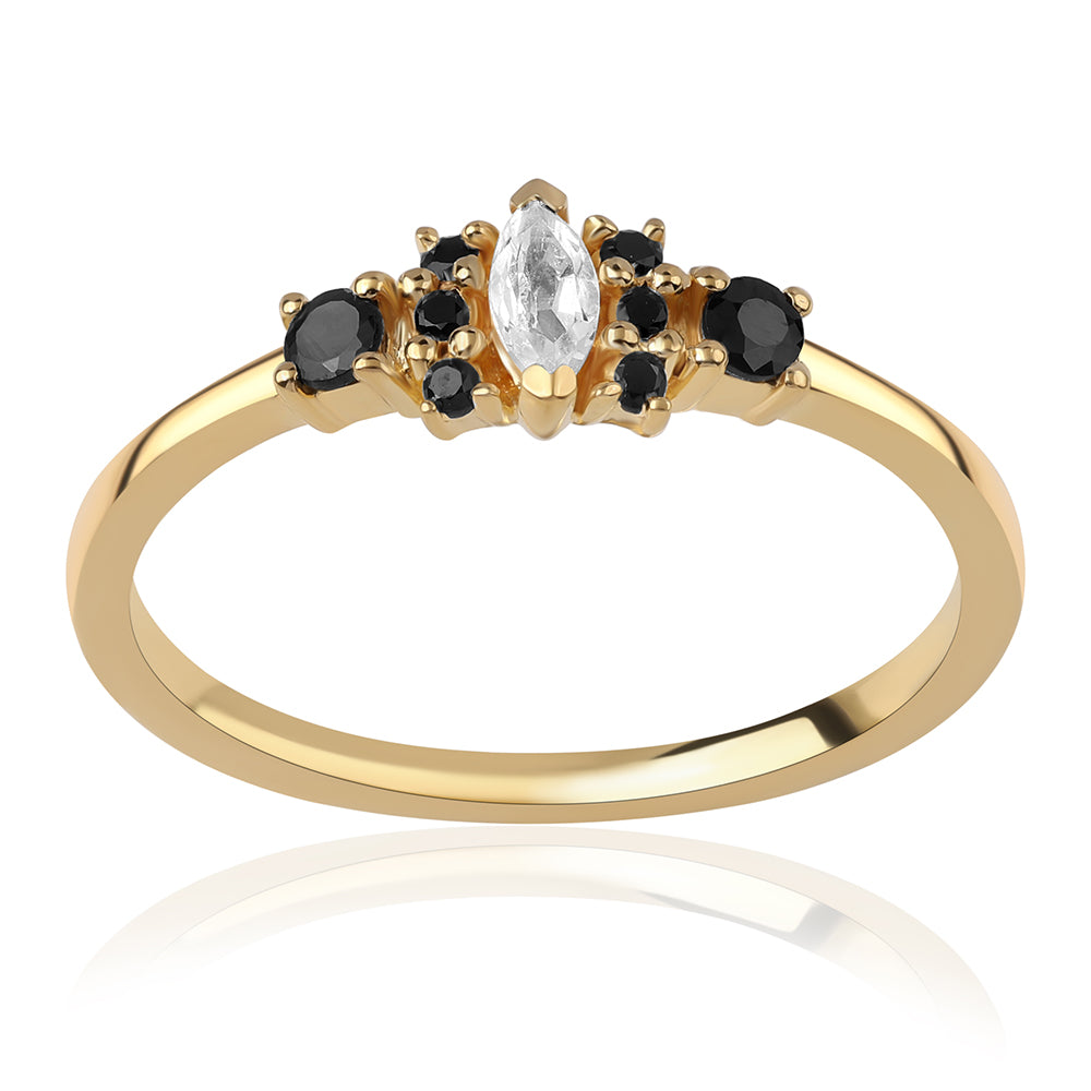 Arannyal Bevont Ezüst Gyűrű Fekete Spinellel és Fehér Topázzal
