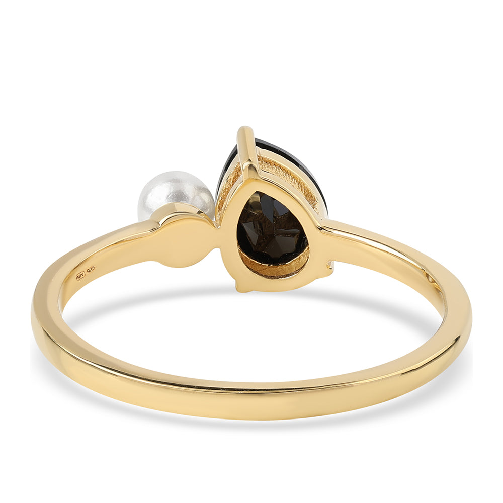 Arannyal Bevont Ezüst Gyűrű Fekete Spinellel és Fehér Édesvízi Kagylógyönggyel 3 