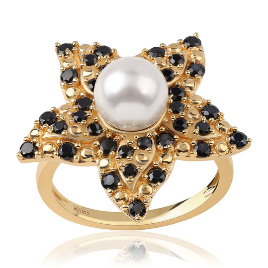 Arannyal Bevont Ezüst Gyűrű Fekete Spinellel és Fehér Édesvízi Kagylógyönggyel