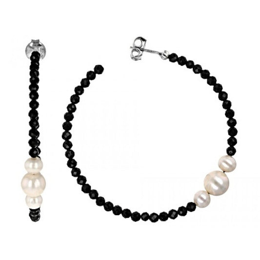 Arannyal Bevont Ezüst Fülbevaló Fekete Spinellel és Fehér Édesvízi Kagylógyönggyel