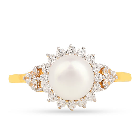 Arannyal Bevont Ezüst Gyűrű Krém Édesvízi Kagylógyönggyel és Fehér Cirkónnal