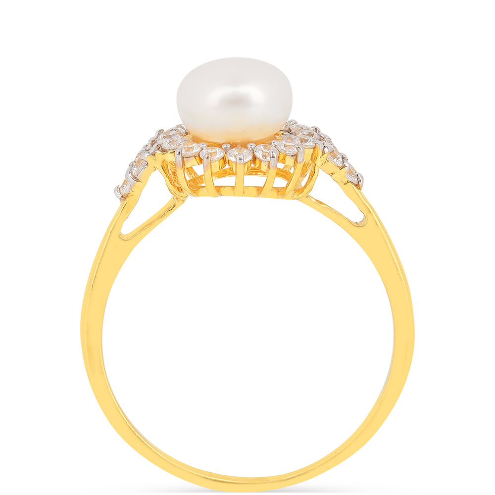 Arannyal Bevont Ezüst Gyűrű Krém Édesvízi Kagylógyönggyel és Fehér Cirkónnal 3 